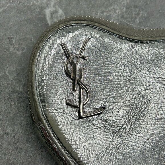 Saint Laurent YSL Metallic Silver Leather Heart Coin Purse with Key Chain - Picture 10 of 15